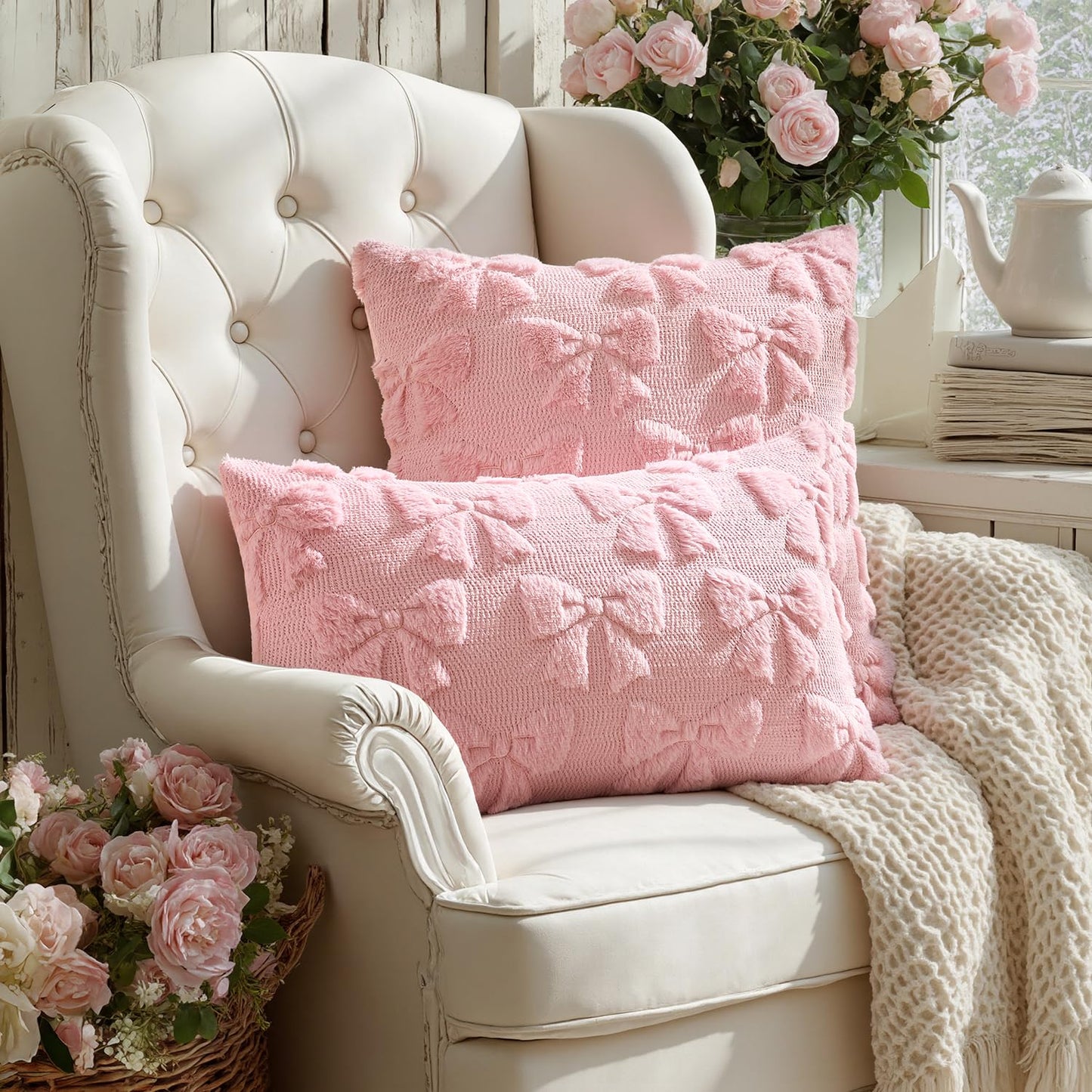 MIULEE Pink Bow Pillow Covers Coquette Room Decor Aesthetic Set of 2 Spring Decorative Cute Girl Soft Plush Faux Pillowcase for Preppy Room Decor Bedroom Couch,24x24 Inch