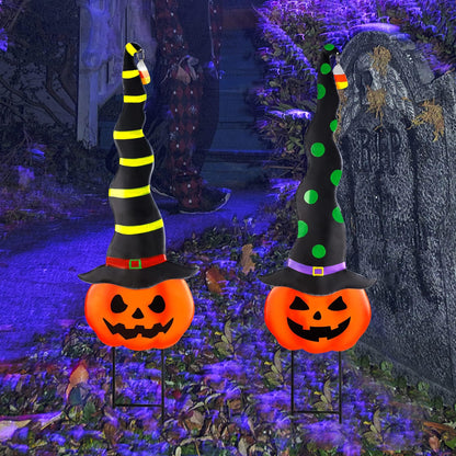 2 Pack Halloween/Thanksgiving Garden Decorations, Metal Jack-O-Lantern Yard Stakes with Witch Hats, Scary Yard Sign Outdoor Lawn Decor, Metal Pumpkin Art Garden Stake,Garden Sculpture Ornament