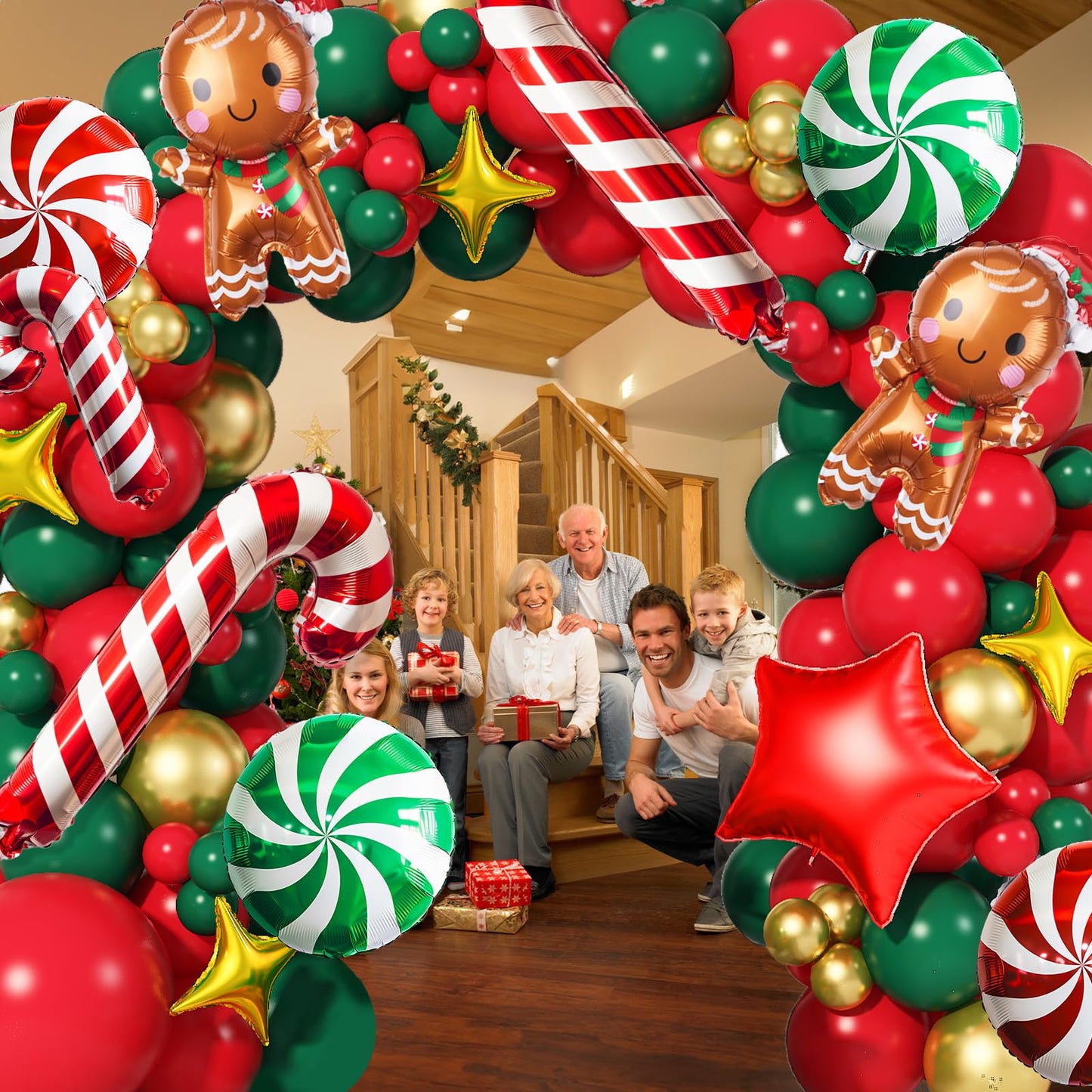 Christmas Balloon Garland Arch Kit Red Green Gold Latex Balloons Large Gingerbread Man Red Green Lollipop Candy Mini Cane Foil Balloons with Four/Five Pointed Star for Xmas New Year Party Decorations