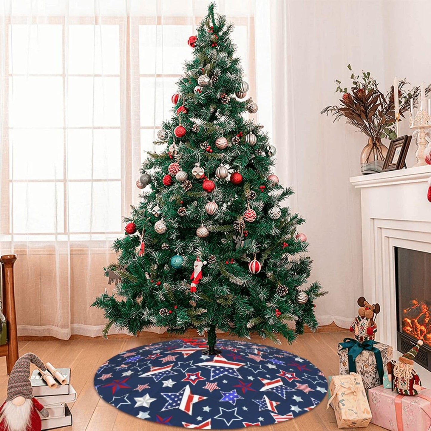 Patriotics Stars and Stripes Veterans Day 4th of July Memorial Day Christmas Tree Skirt - Plush Polyester Mat Resistant with 3 Red Ties for Xmas, Halloween Decorations, Party Decor 36"