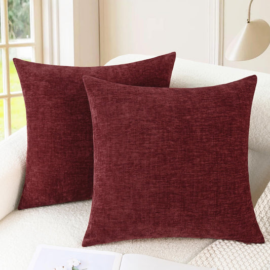 CaliTime Christmas Throw Pillow Covers Decorative 26 X 26 Inches Pack of 2 Cozy Chenille Cushion Cases for Couch Sofa Bed Living Room Home Burgundy