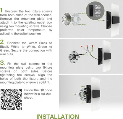 ASD 14 Inch LED Indoor Wall Sconce - Modern Interior 24W 120V 2700K-5000K Adjustable Dimmable Wall Mounted Light Fixtures, Acrylic Glass Wall Lights for Stairway, Hallway - ETL, Matte Black 2 Pack