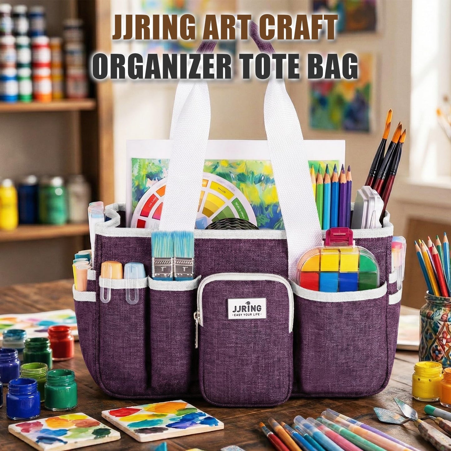 Jjring Craft Organizer Tote Bag, Portable Art Caddy with Adjustable Divider&Secure Zipper Pocket, Large Foldable Storage Tote for Scrapbooking, Sewing, Artist and Home(Deep Purple)