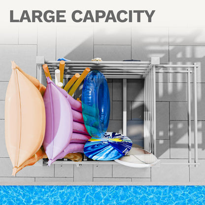 DWVO Pool Storage Organizer with 6 Adjustable Hooks, Large Pool Float Holder & Noodle Storage Rack, Outdoor Waterproof Pool Equipment Organizer for Floats, Goggles, and Beach Balls, Light Gray