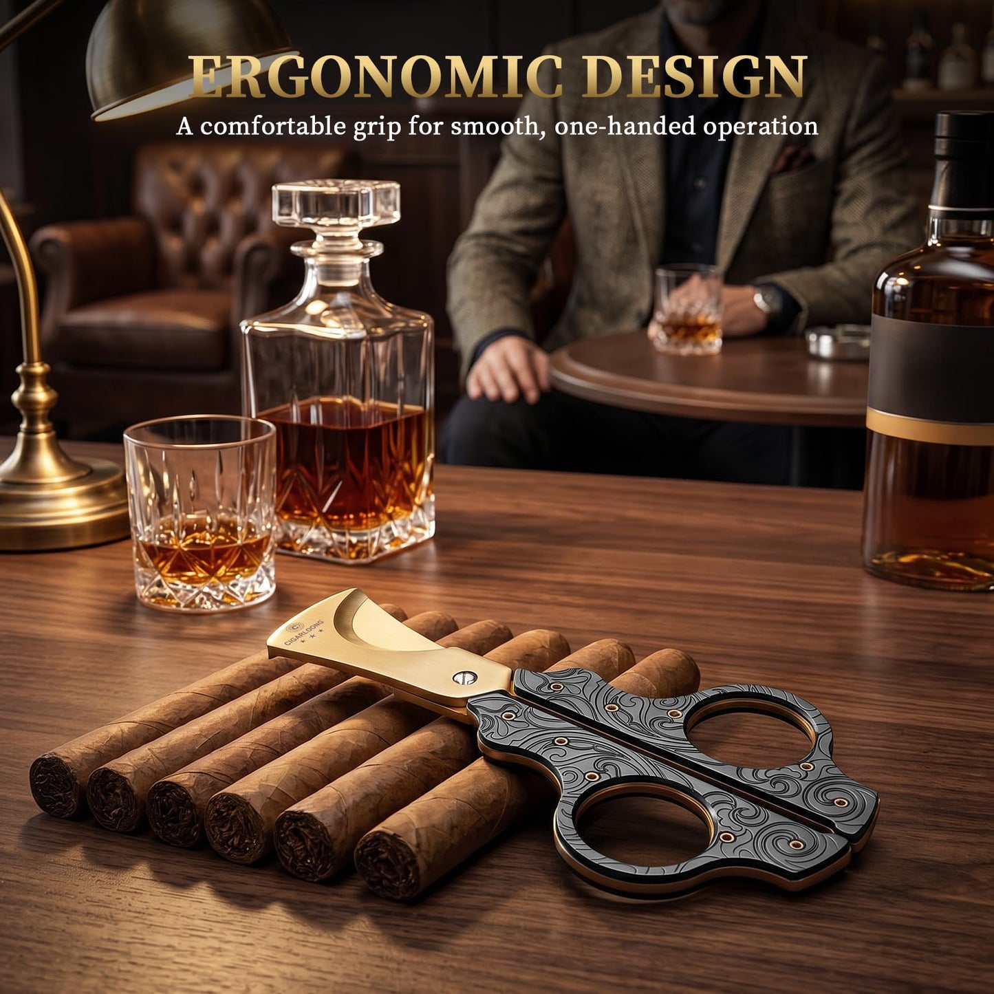 Cigar Scissors Cutter Stainless Steel Double Blade Guillotine Cutter Straight Cut Scissors with Leather Case(Black)