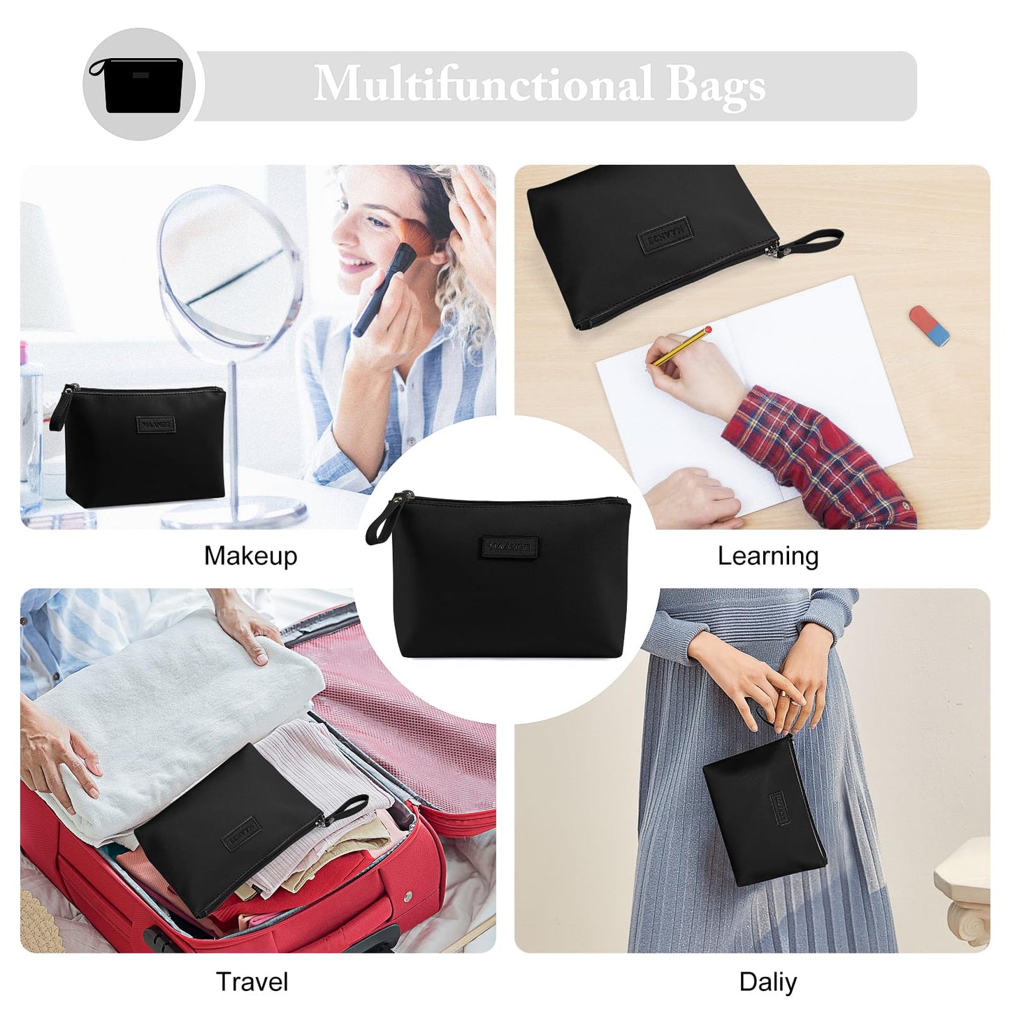 MAANGE Cosmetic Bags for Women Small Makeup Bag for Purse Pu Leather Makeup Pouch Travel Makeup Bag with Zipper Make Up Bag for Travelling (Black)