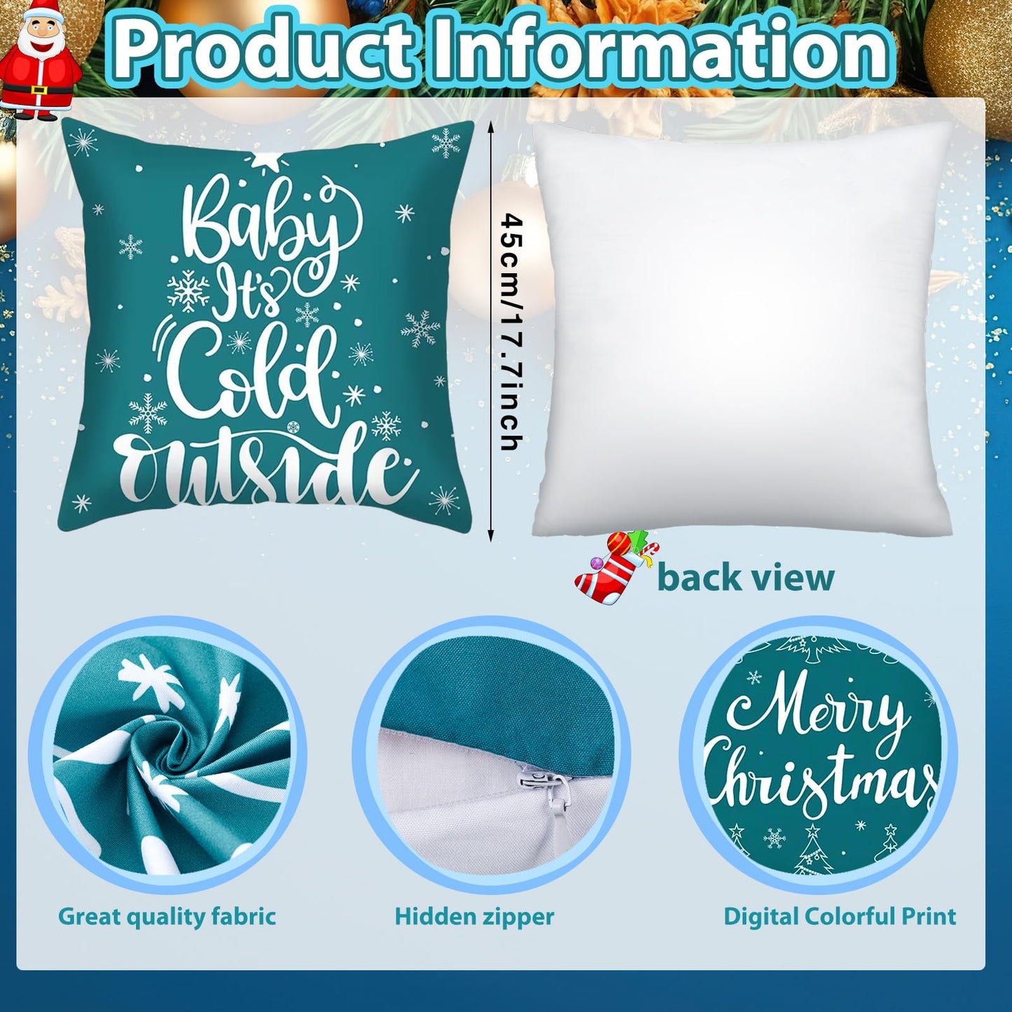 VitalCozy 6 Pcs 18 x 18 inch Christmas Throw Pillow Covers Xmas Cushion Covers Pillow Cases Snowflake Winter Throw Pillow Covers Christmas Decor for Bedroom Sofa Couch Cushion Square Home (Teal)