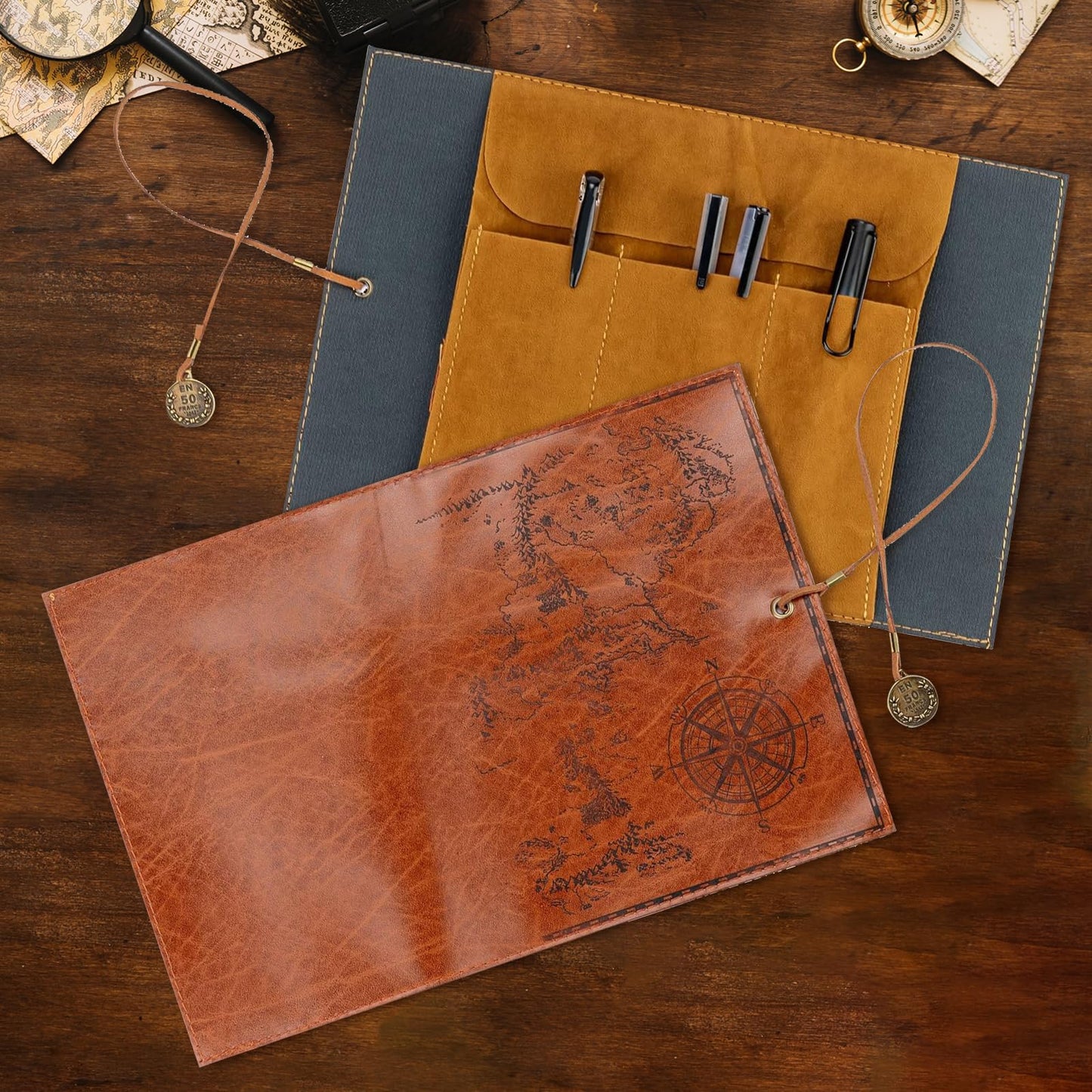 Glavatrix 4 Pieces Leather Pencil Case, Creative Map Rollup Pencil Bag, Vintage Makeup Brush Pouch, Brown PU Matte Smooth Cover Storage Pouch Holder Organizer