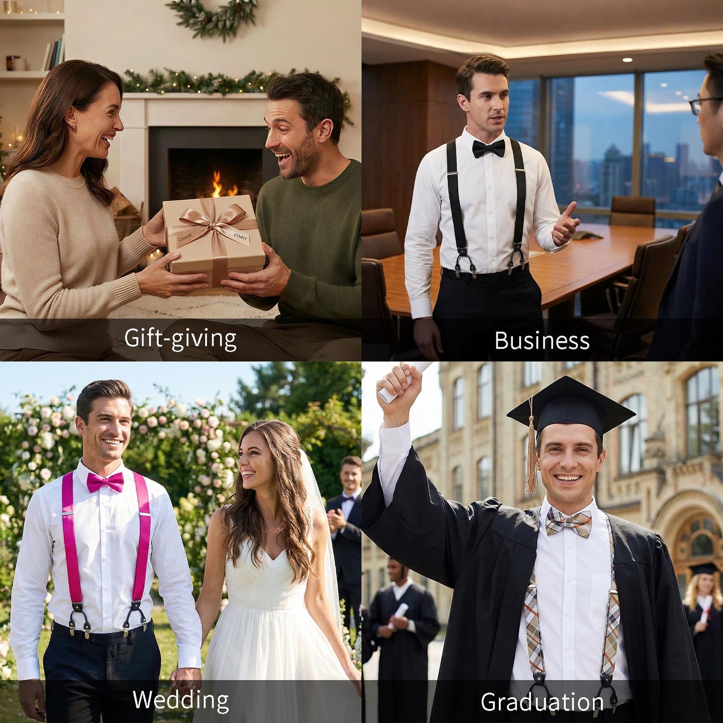 HISDERN Champagne Bow Tie & Suspenders for Men Light Gold Suspender Bowties Pocket Square Set Adjustable Y Shape 6 Strong Clips Braces Formal Wedding
