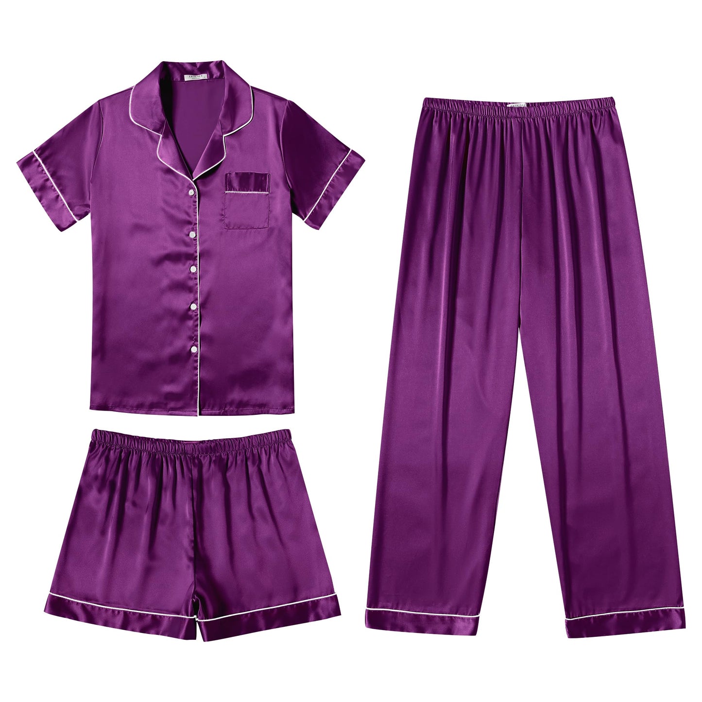 Ekouaer Silk Pajamas for Women Set Satin Pjs Soft Short Sleeve Button Down Sleepwear 3 Piece Loungewear S-XXL