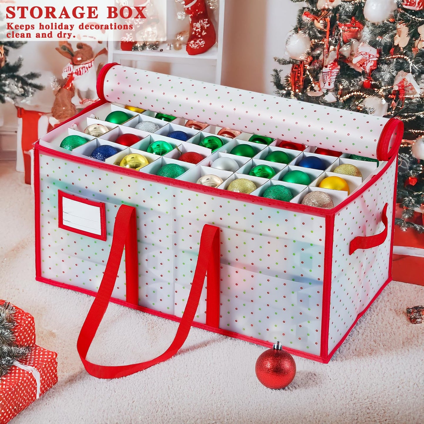 BIEBOS Portable Waterproof Christmas Decoration Ball Storage Box - Stores 128 Ornaments, 3-inch Balls, 8 Independent Layered Trays, Foldable for Easy Access