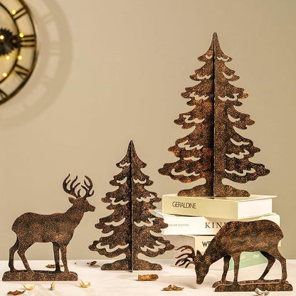 YULETIME 4-Piece Metal Christmas Reindeer and Tree Scene Silhouette Set, Winter Forest Deer & Spruce Landscape Holiday Tabletop Ornament