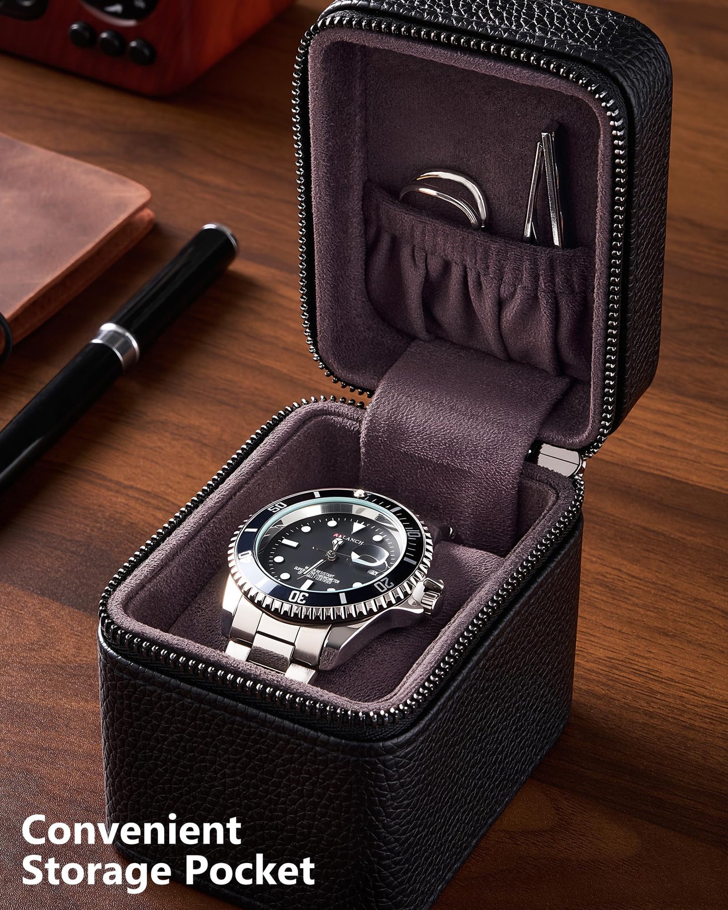 ProCase Single Watch Travel Case for Men, PU Leather Portable Watch Holder, Compact Small Carrying Storage Box for Luxury Watches & Smartwatches with Jewelry Compartment, Fathers Day Gift -Black