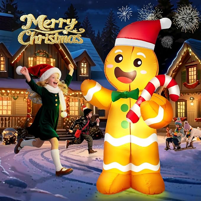 5FT Christmas Inflatables Gingerbread Man, Christmas Decoration Outdoor Built-in Bright LED Light Hold Candy Cane Blow Up Yard Decoration Blowups for Indoor Holiday Party Xmas New Year