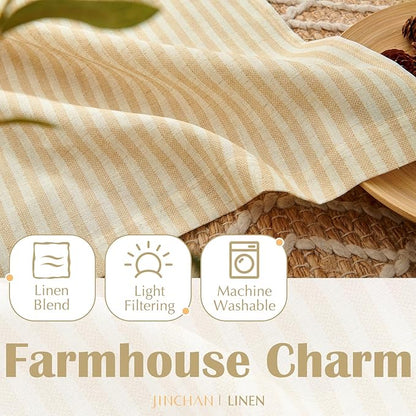 jinchan Linen Kitchen Curtains Striped Tier Ticking Stripe Pinstripe Cafe 36 Inch Length for Living Room Bathroom Farmhouse Rustic Curtains Rod Pocket 2 Panels Beige