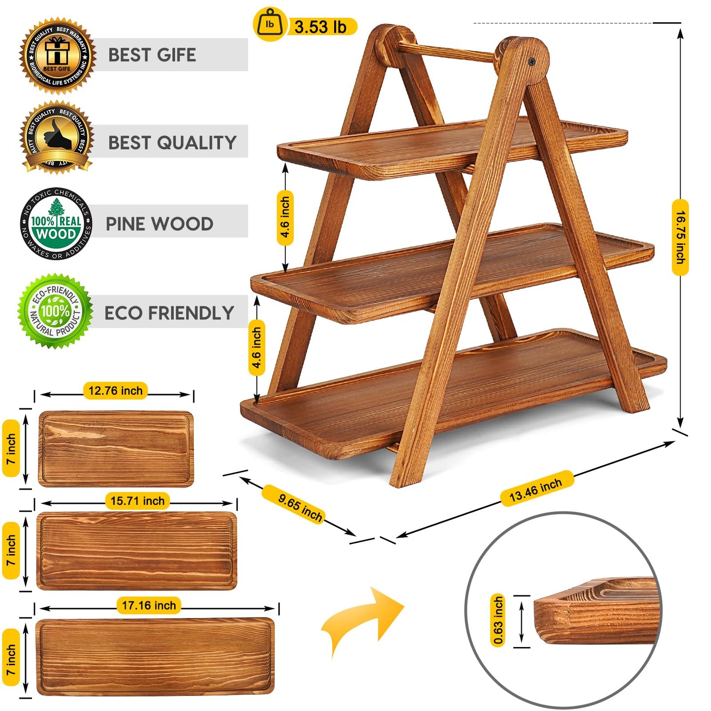 Manspdier Extra Large Wood 3 Tier Serving Tray Three Tiered Cupcake Stand, Rectangle Serving Platter Wooden Farmhouse Tiered Tray, Party Serving Brown Decorative Tray Decor