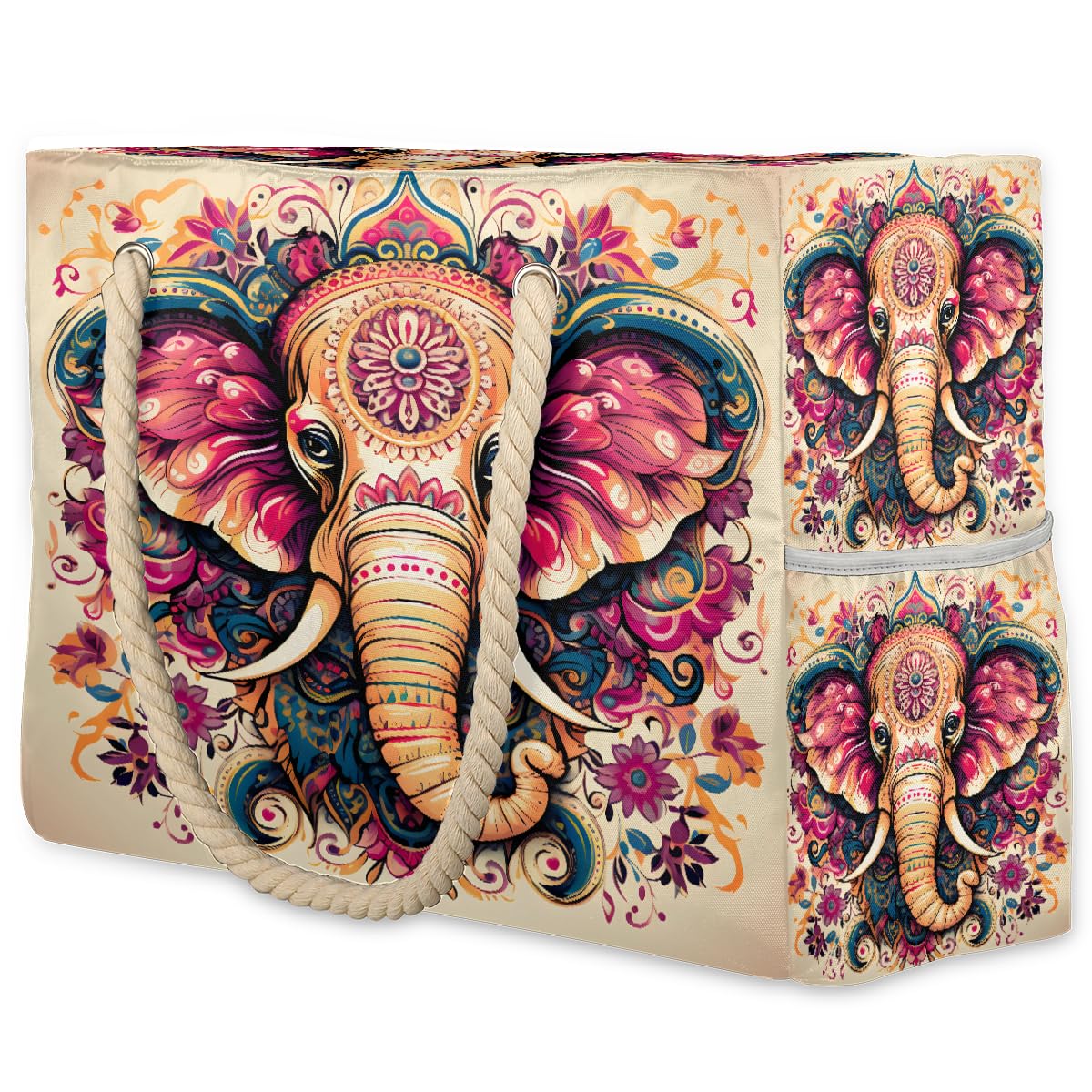 ModaQua Elephant Floral Splendor Beach Bags Waterproof Sandproof for Women, Large with Zipper Pool Beach Tote Reusable Grocery Shoulder Bag for Swim Travel Shopping Vacation Picnic