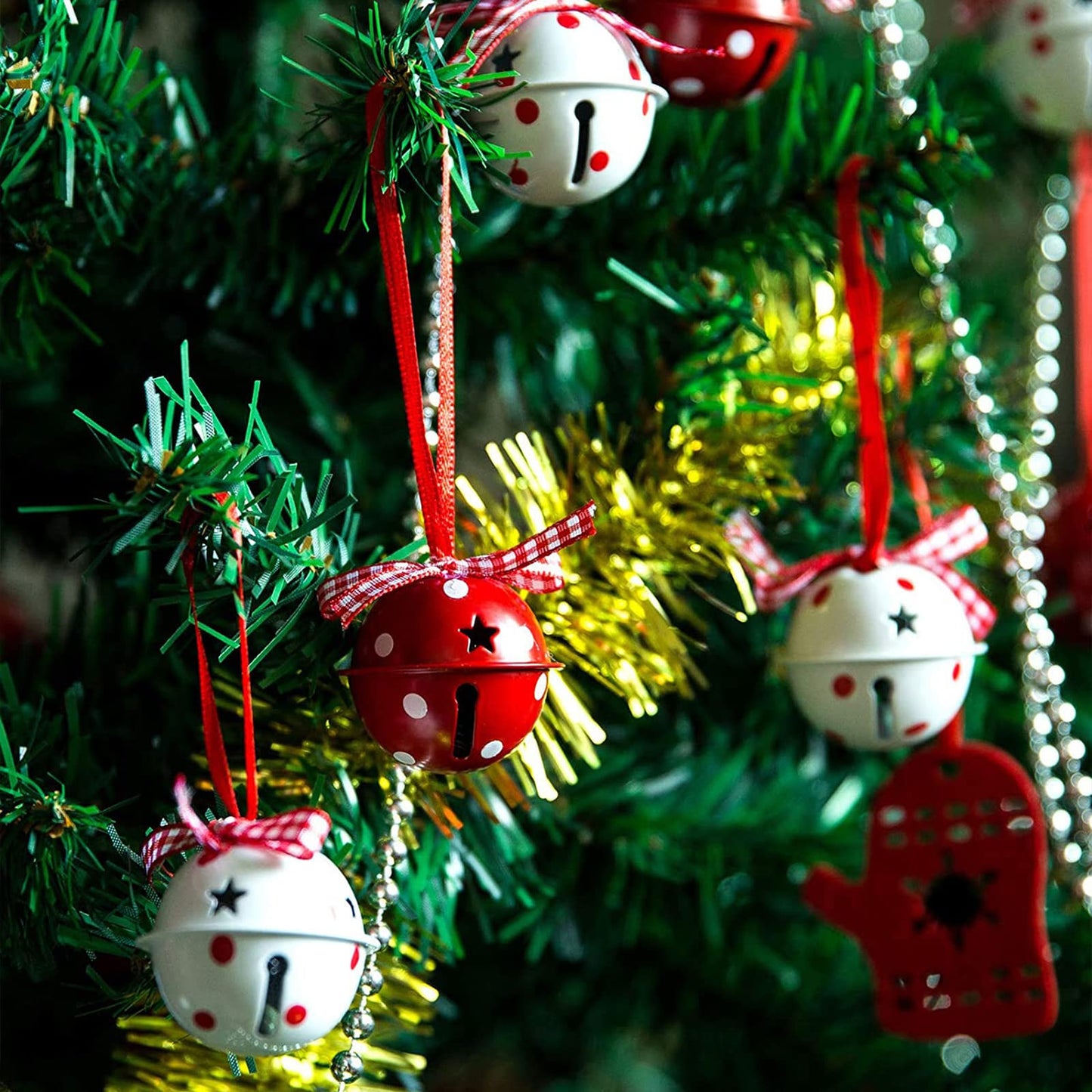 Christmas Jingle Bells 2" Star Cutouts Metal Decorative Bells with Ribbons for Xmas Tree Ornaments Wreath Festival Crafts Home Decorations (12 Pcs)