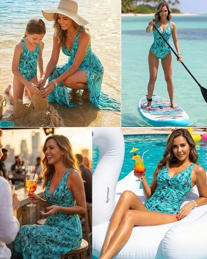 Holipick Green Paisley Women's One Piece Swimsuits with Cover Up Skirt Tummy Control V Neck Two Piece Bathing Suit M