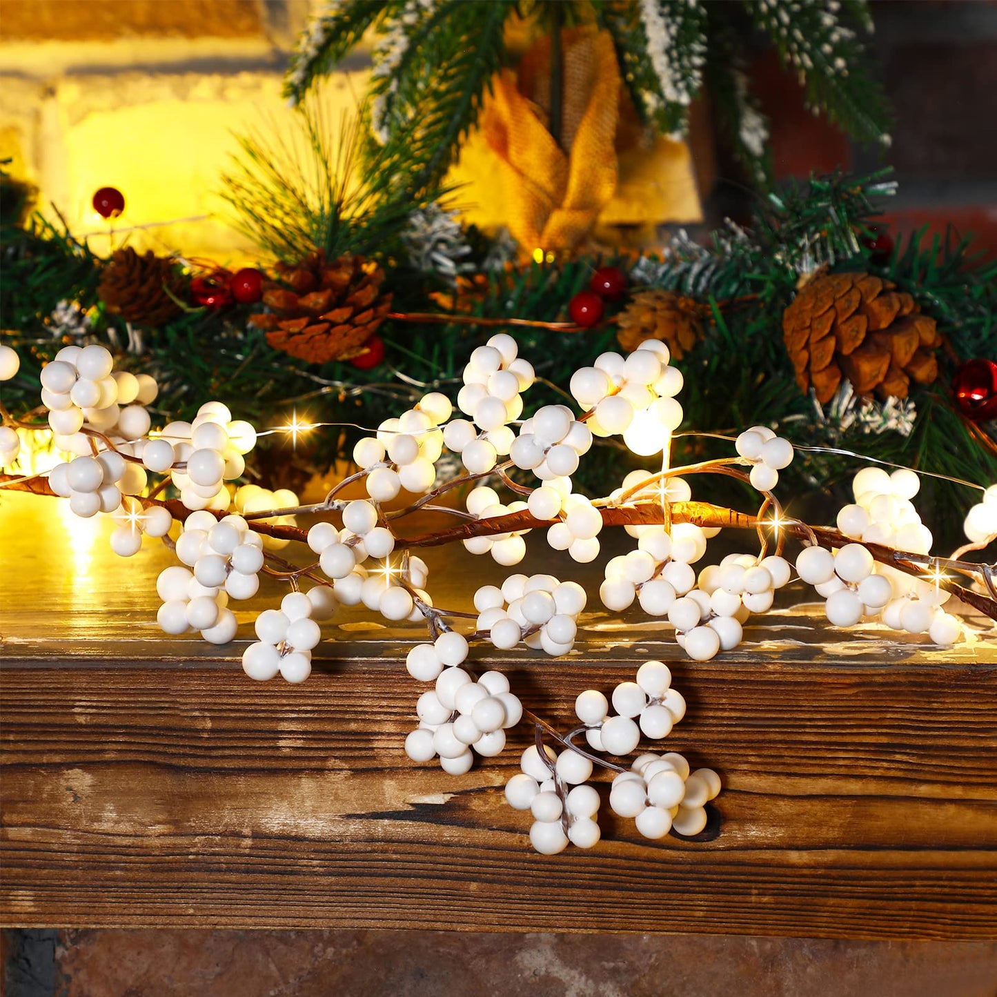 Syhood Winter Berry String Garland with Lights Thanksgiving Artificial Lighted Garland for Home Xmas Winter Tree Decor Office Fireplace Mantel Decoration Holiday Valentines, 6 Ft(White, 1 Pc)