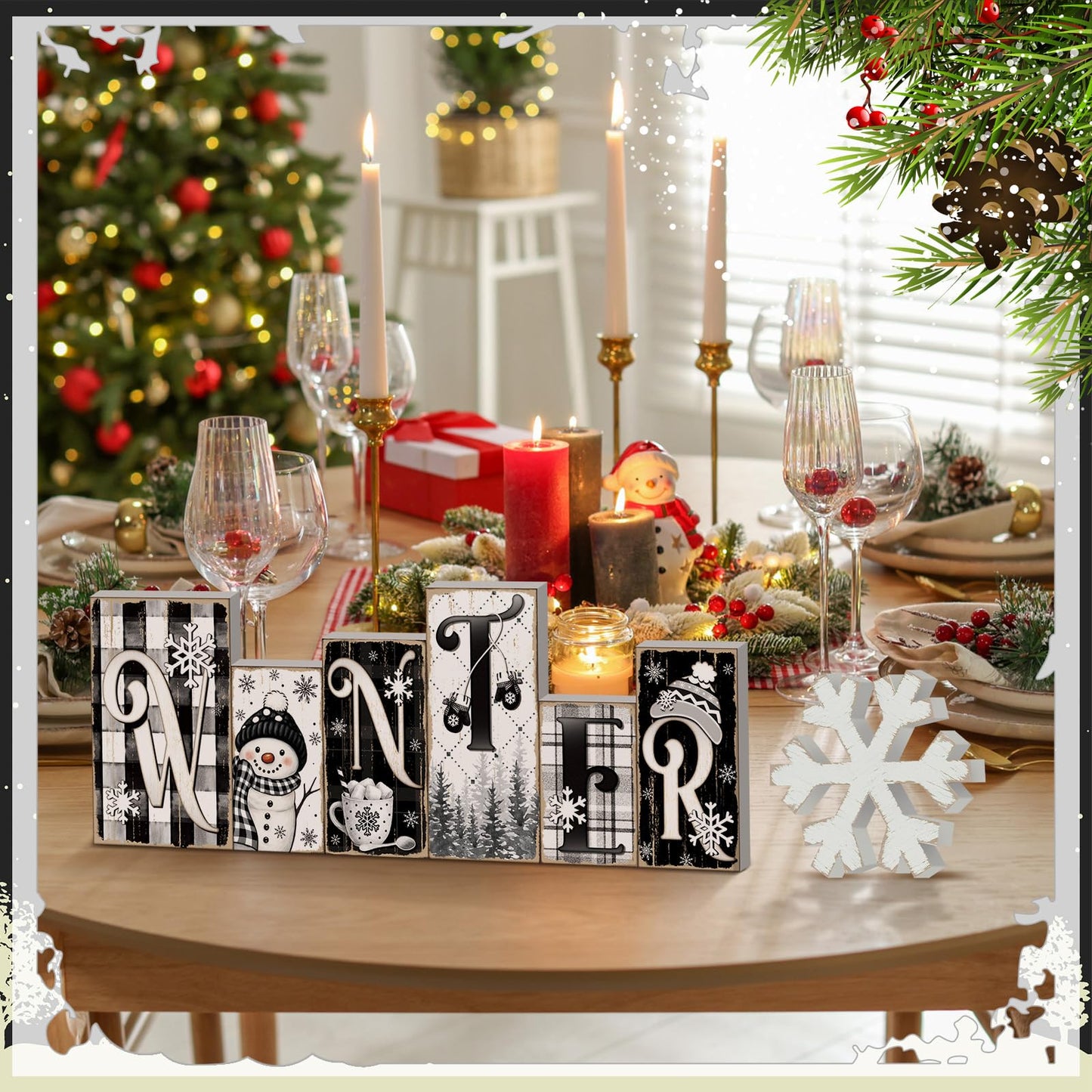 Yousoontic 2 Pcs Winter Table Decor Snowman Christmas Table Centerpieces Black and White Snowman Tiered Tray Decor Snowflake Block Signs Winter Decorations for Home Kitchen Office Shelf