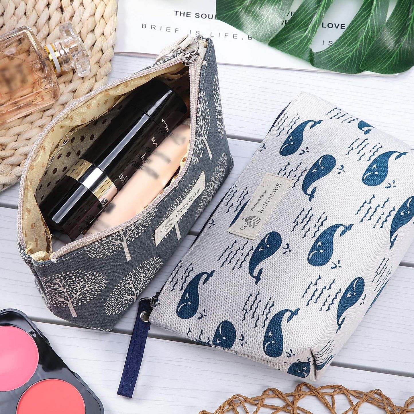 Boao 4 Pieces Canvas Makeup Bags Set Small Cosmetic Pouches for Purse with Zipper Multi Functional Toiletry Travel Case Organizer for Women Gift, 4 Styles(Small,Whale, Bear, Tree, Leave)