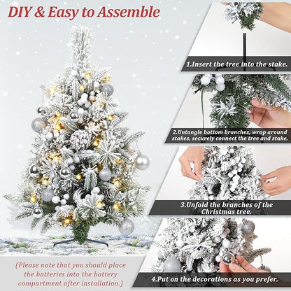 Set of 2 30 Inch Prelit Outdoor Christmas Trees, Artificial Battery Operated Snow Flocked Xmas Tree with Stake, Silver Berries, Pine Cones, Ball Ornaments, 8 Lighting Modes & Timer Included