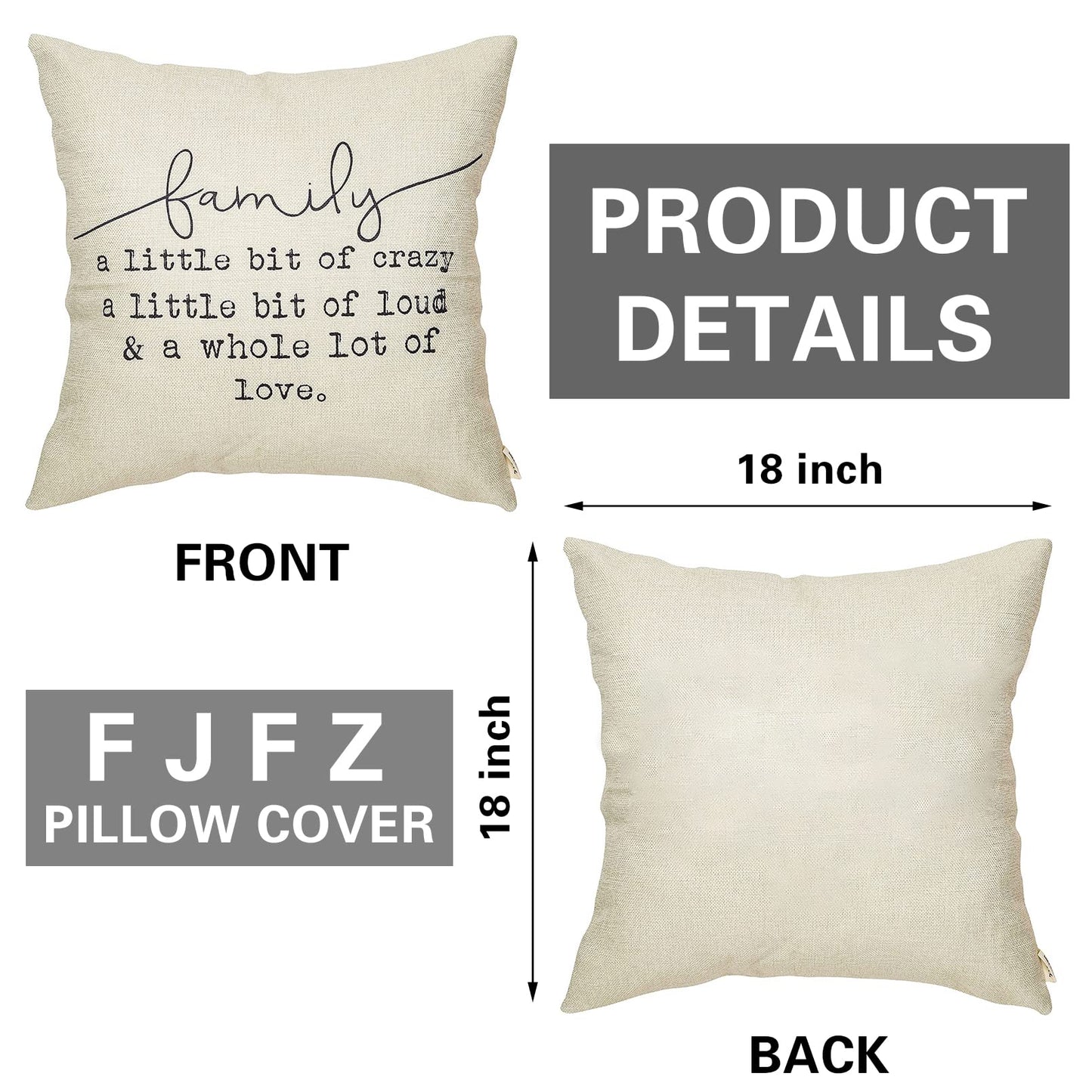 Fjfz Family a Little Bit of Crazy Decorative Throw Pillow Covers, Farmhouse Quote Home Rustic Decorations, Christmas Inspirational Gifts Winter Cotton Linen Cushion Case Decors for Sofa Couch 18 × 18