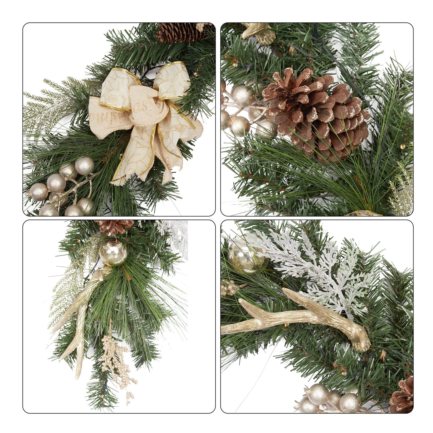LinTimes Christmas Garland with 20 Led Lights, 6 Ft Pre-Lit Gold Xmas Garland with Faux Antlers Bow-Knot Ball Ornaments, Battery Operated Garland with Timer for Mantle Staircase Table Decoration