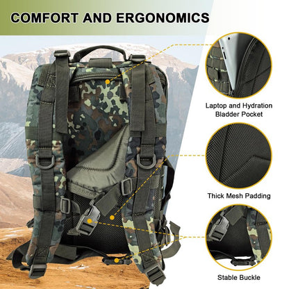 Hannibal Tactical MOLLE Assault Backpack, Tactical Backpack Military Army Camping Rucksack, 3-Day Pack Trip w/USA Flag Patch, D-Rings, Flecktarn