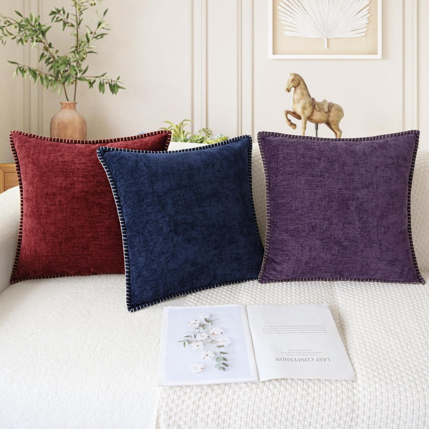 CaliTime Christmas Throw Pillow Covers Decorative 18 X 18 Inches Pack of 2 Cotton Thread Stitching Edges Solid Dyed Soft Chenille Cushion Cases for Couch Sofa Bed Living Room Farmhouse Burgundy