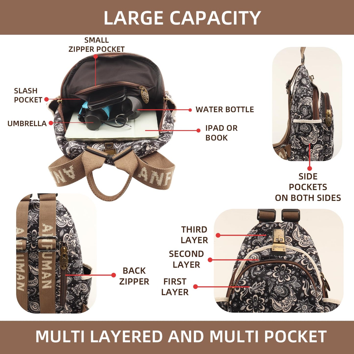 ANFUMAN Small Backpacks Purse for Women Mini Waterproof Colorful Print Leisure Travel Bags (Black Flower)