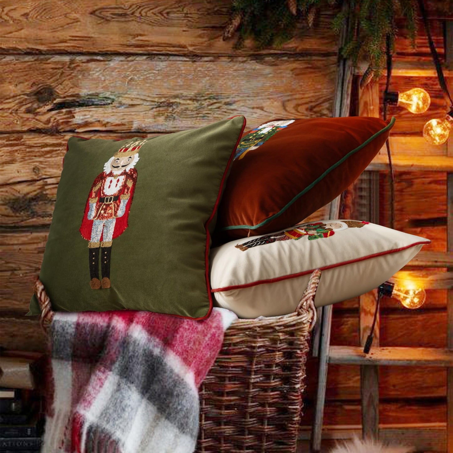 MOCOFO Christmas Embroidered Nutcracker Throw Pillow Cover - Decorative Holiday Cushion Cover (Beige, 12” x 20”)