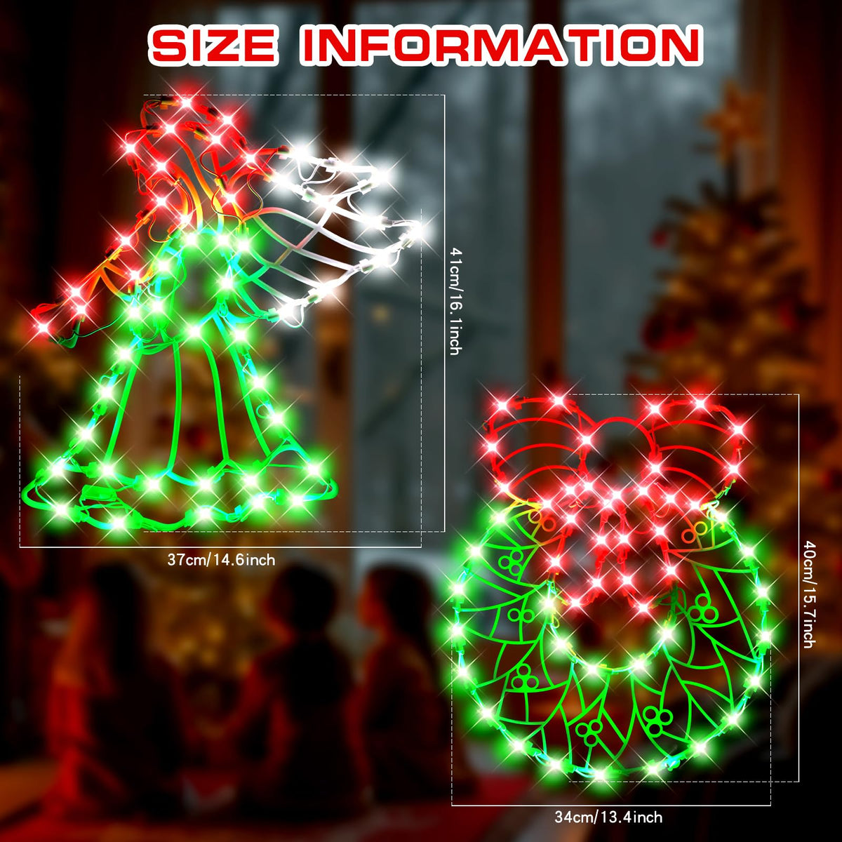 SUPHONOR 16" Christmas Window Silhouette LED Lights Decorations, Pack of 2 Sign Lighted Wreath and Angel Christmas Window Lights for Indoor Wall Door Glass Decor, Window Hanging Lights