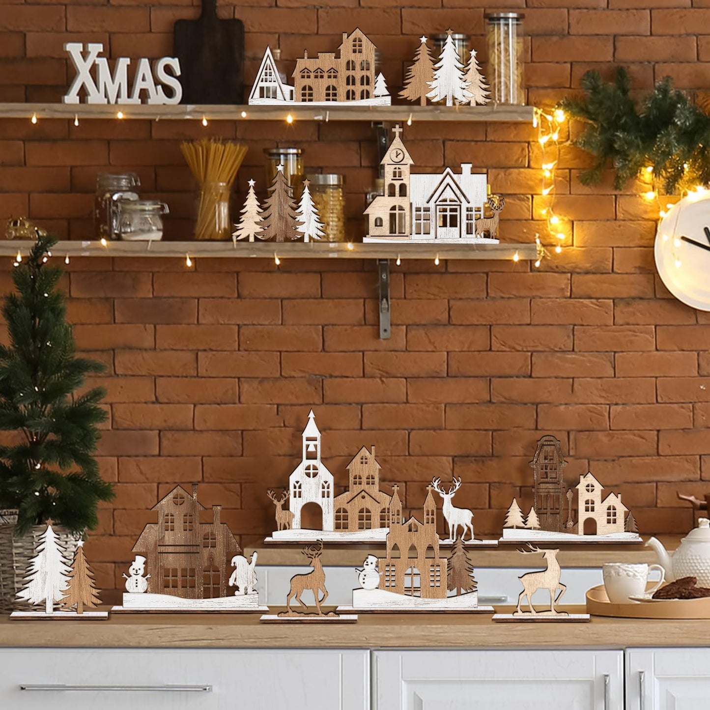 AceOrbit 12 Pcs Christmas Rustic Table Decor Xmas Trees and Elk Farmhouse Tiered Tray Decor Wooden Tabletop Centerpieces Sign Gifts for Fireplace Home Office Christmas Birthday Party Supplies