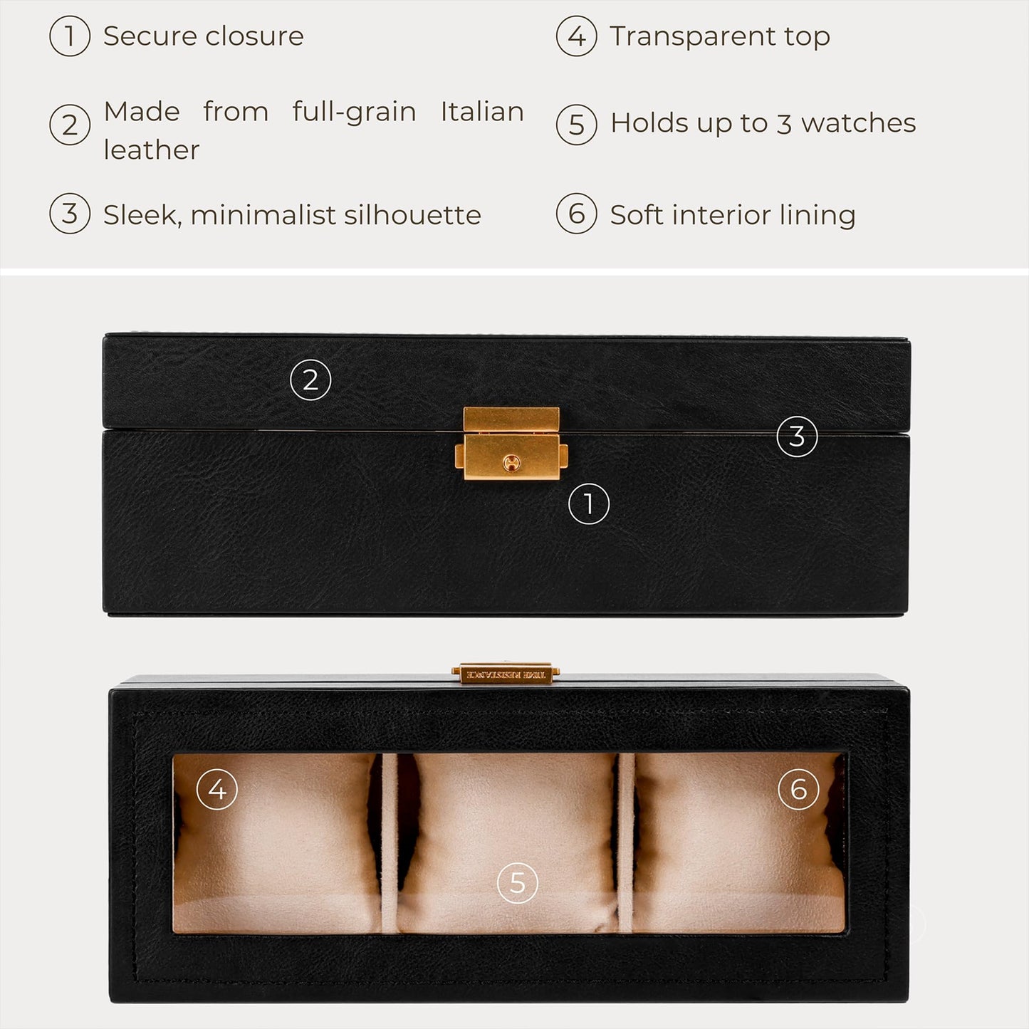 Time Resistance Leather Watch Box – 3-Slot Luxury Organizer for Men & Women – Italian Leather Watch Display Case (Black)