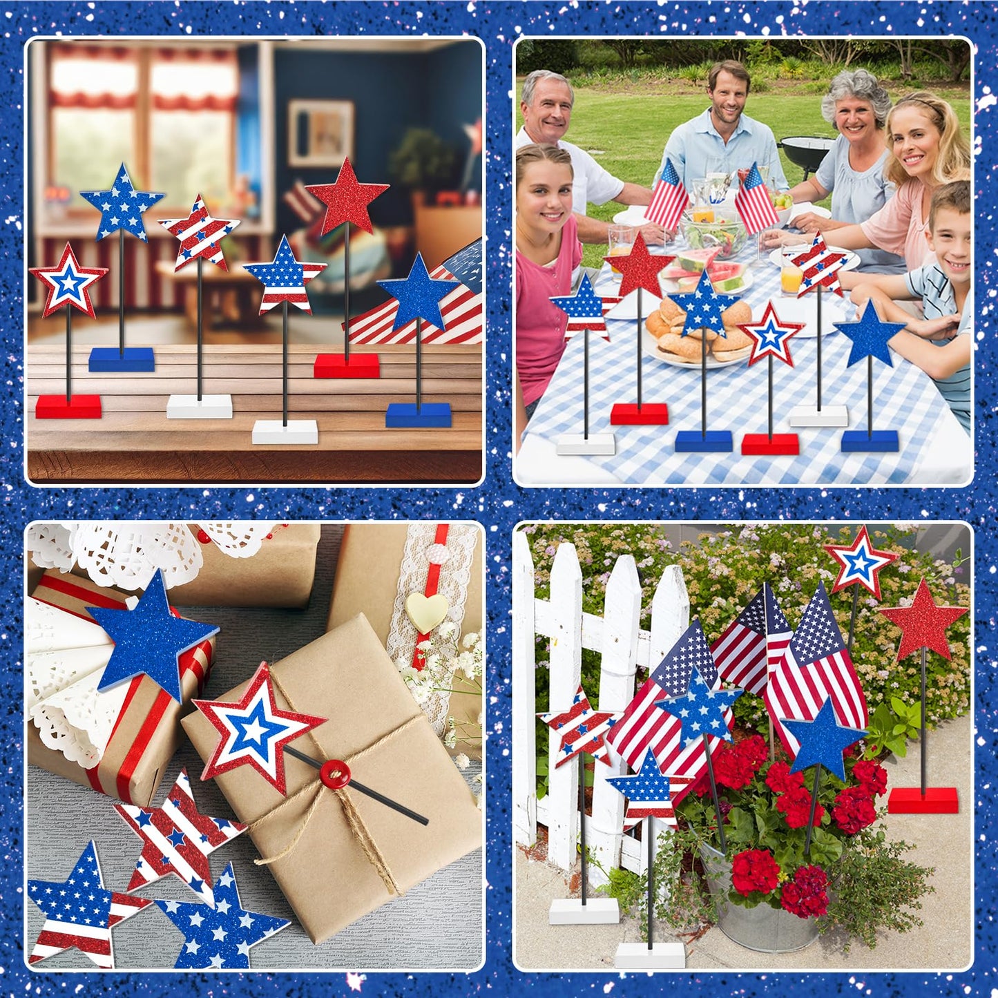 6Pcs Patriotic Memorial Day Tiered Tray Decor 250th Anniversary Wooden Star Set Memorial Red White and Blue Table Centerpiece Sign Decoration for Veterans Labor 4th of July Home Office Patriotic Party