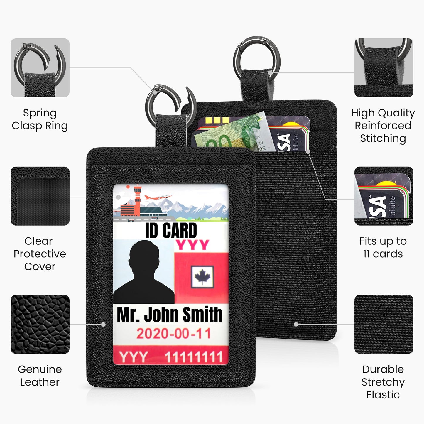 EDO GOT Black Genuine Leather ID Badge Holder for a Lanyard or Belt Loop, Premium ID Card Holder Multinational Design with Spring Ring Clasp, Elastic Back Card Pocket, ID Swipe Badge (Black)