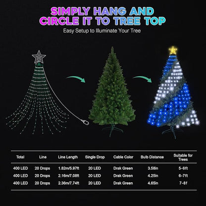 Smart Ring Christmas Tree Lights with Star Topper Indoor Outdoor - 7Ft x 20 Lines String 400 Optimum LED Easy App Control Images Color Changing Timer Remote Waterproof for 6 7 7.5 Ft Xmas Trees