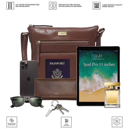 ASSOTS Smart Leather Crossbody Bag for Women – Triple Zip Crossover Purse Travel Bag Fits iPad Pro 11”