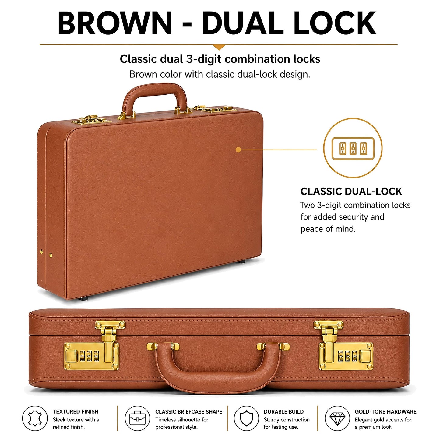 HAESTUS Briefcases for Men, Professional Leather Briefcase with Lock, Hard Shell Business Brief Case, Attache Case for 15.6" Laptop, Men's Hard Briefcase for Work Office Travel, Brown | Dual Lock
