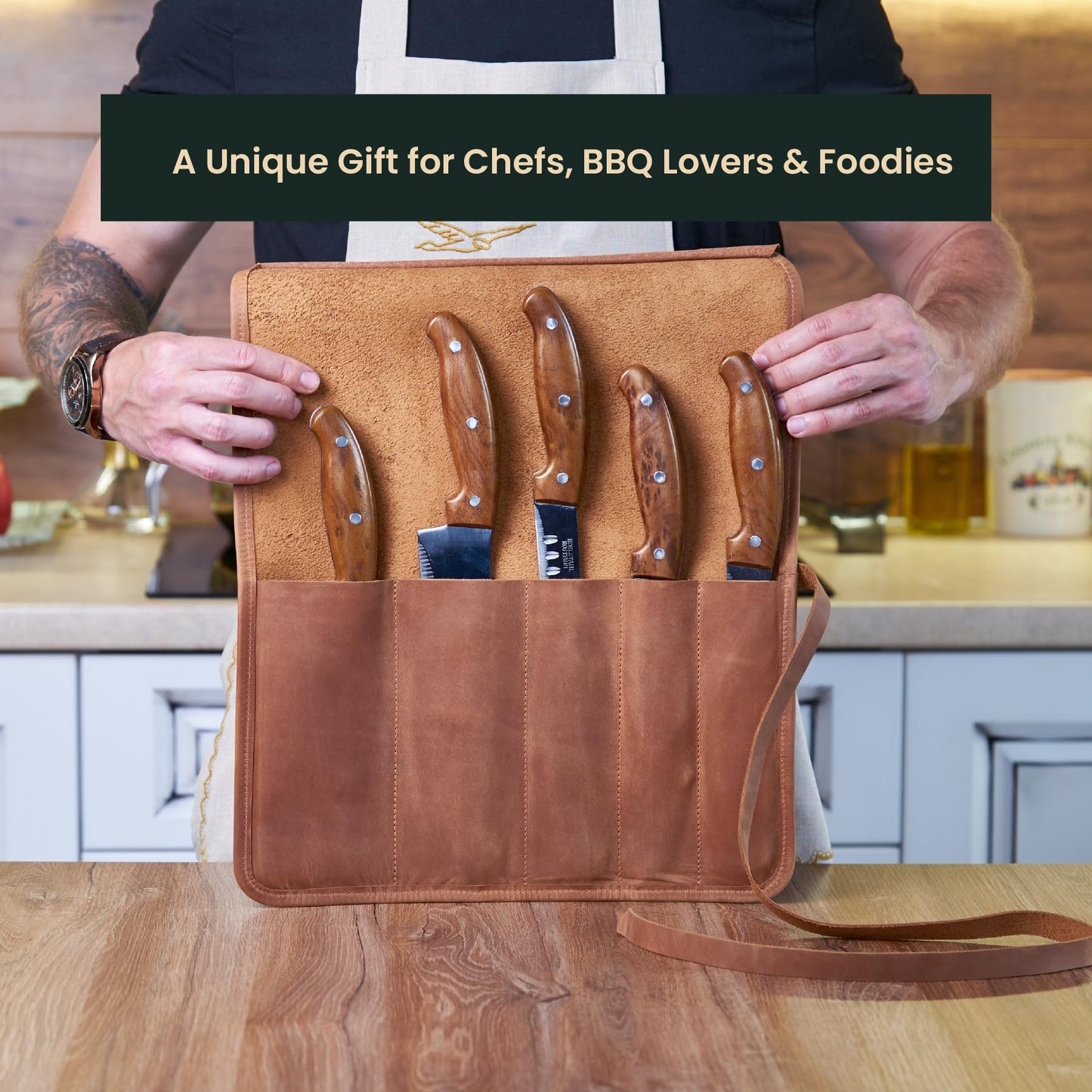 OMBUO Professional's Leather Knife Roll Bag, Leather Knife Roll For Chef, Caramel Brown
