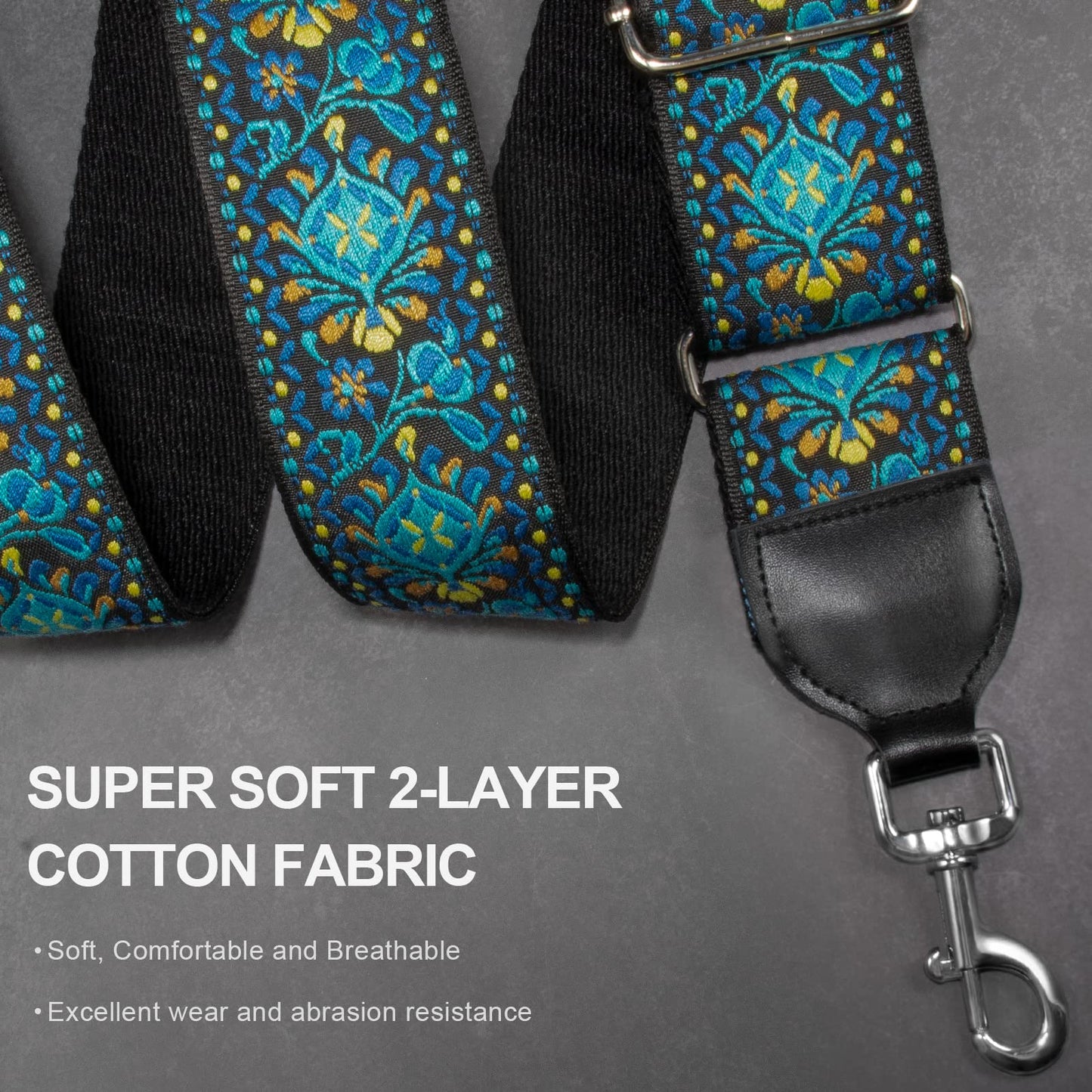 Dulphee Purse Strap, Jacquard Embroidered 2" Wide Soft Cotton & Leather Ends Purse Straps Replacement Crossbody Bag Straps (Jacquard Teal Blue)