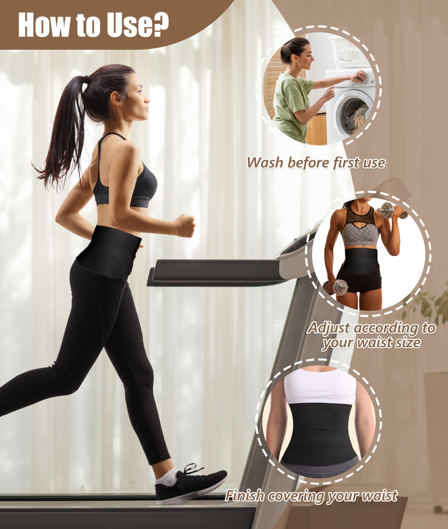 Waist Trainer for Women - Adjustable Postpartum Belly Wrap Tummy Control Bandage & Core Stability, Elastic Waist Trimmer Belt for Fitness, Daily Use, Black