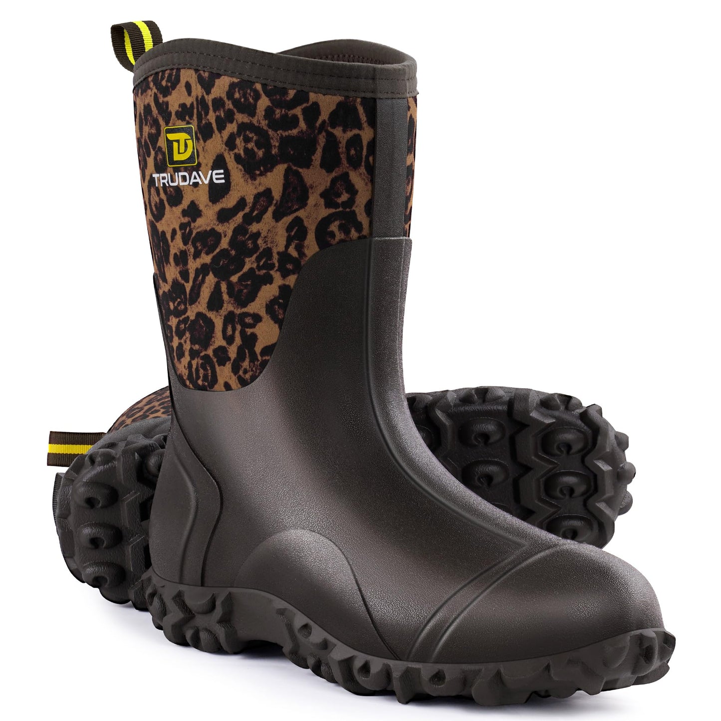 Trudave Rubber Boots for Women with Steel Shank, 6mm Neoprene Mid Calf Rain Boots, Waterproof Insulated Mud Work Boots All Season, Leopard, Size 11