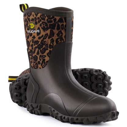 Trudave Rubber Boots for Women with Steel Shank, 6mm Neoprene Mid Calf Rain Boots, Waterproof Insulated Mud Work Boots All Season, Leopard, Size 11