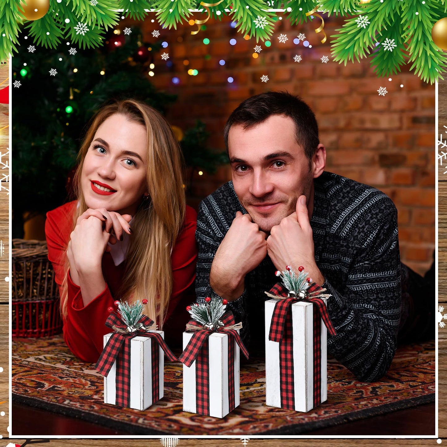 Amyhill 3 Pcs Christmas Wooden Gifts Box Decor Christmas Plaid Presents Table Centerpieces Rustic Wooden Gifts Tiered Tray Decor with Buffalo Plaid Bowknot for Xmas Party(Red,Classic)
