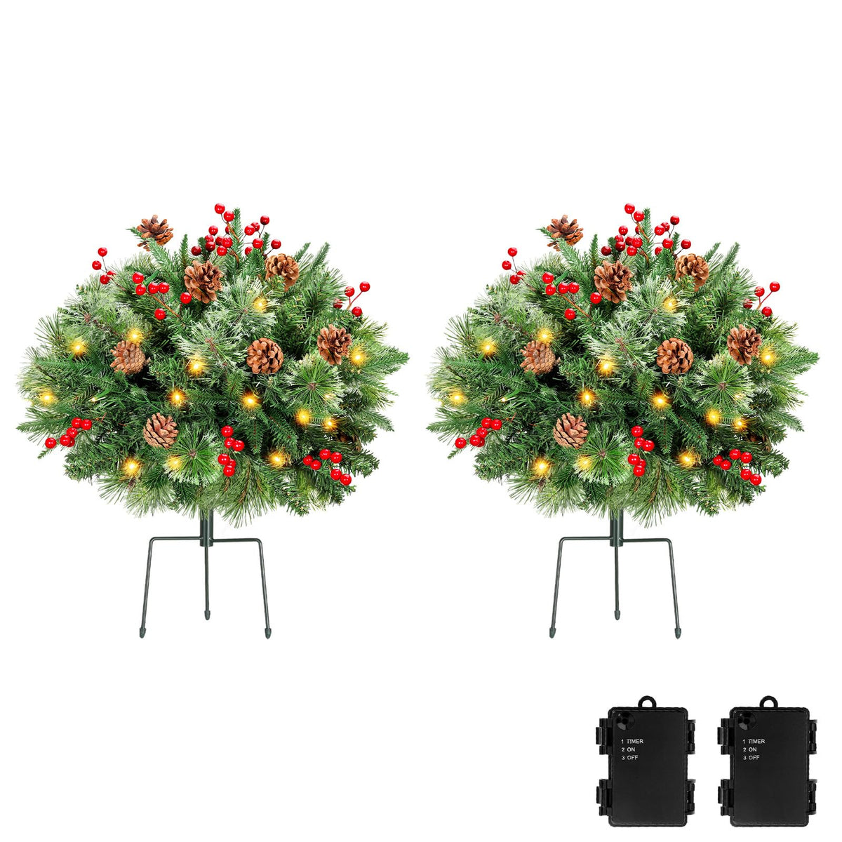 Lewondr Set of 2 Prelit Pathway Christmas Trees, 20.87" Outdoor Christmas Tree with 50 LED Lights, Pine Cones Red Berries, Battery Operated Outdoor Xmas Decor for Yard Home Porch