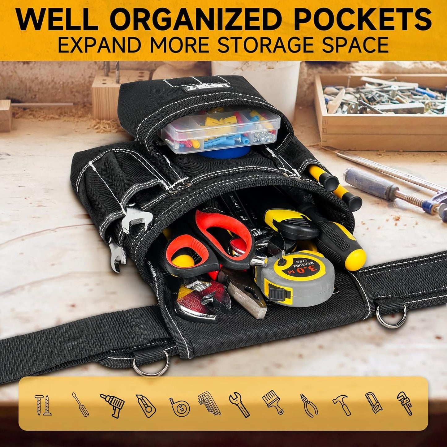 Tool Belt with Suspenders,27-Pockets Heavy Duty Tool Belts for Men with Magnetic Tool Pouch,Detachable & Adjustable Work Belt Bag for Electrician,Carpenter,Construction,Utility Toolbelt,Black