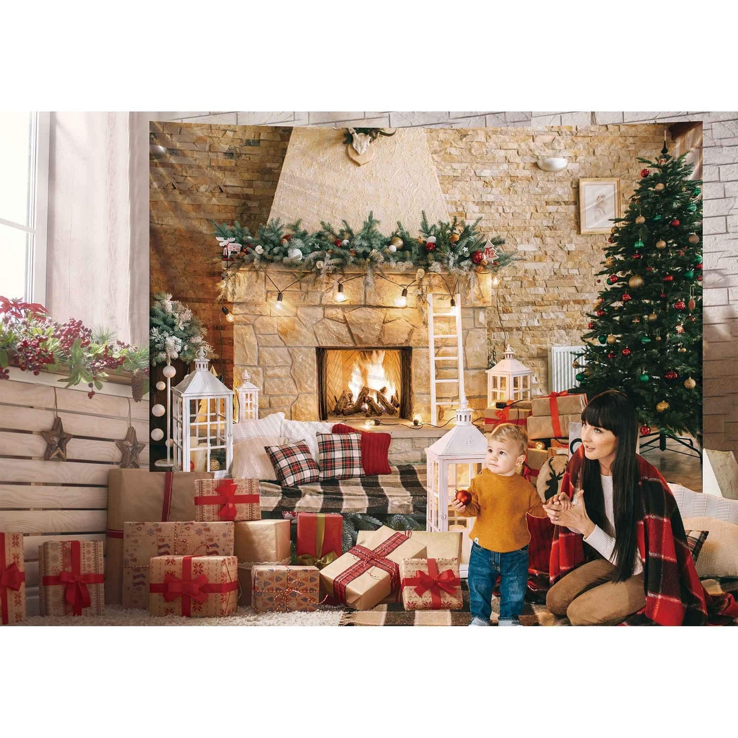 Haboke 10x8ft Christmas Fireplace Theme Backdrop for Photography Christmas Tree Decorations for Xmas Party Supplies Background Pictures Banner Photo Studio Decor Booth Props